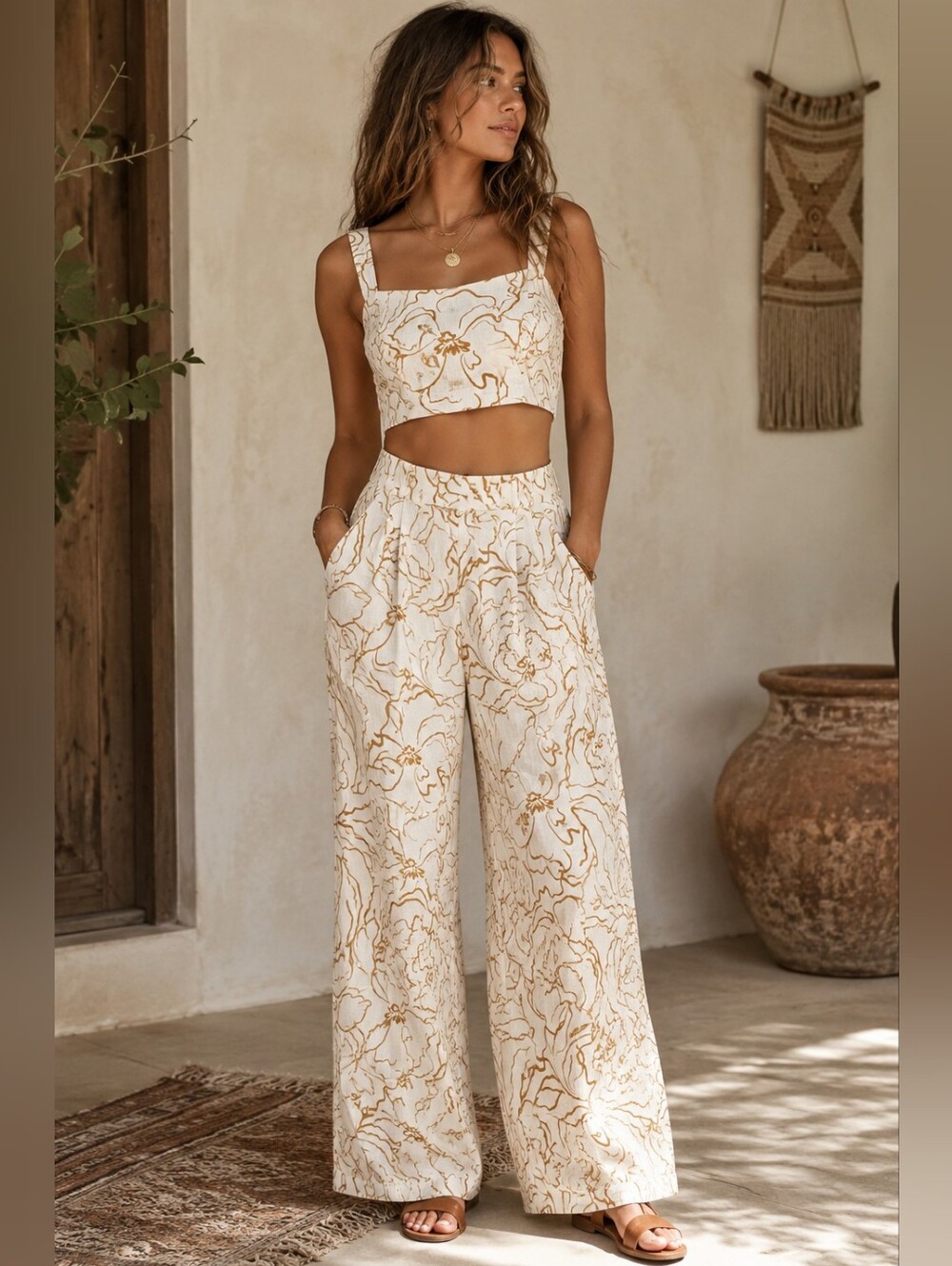 Lost + Wander Two Piece Linen Blend Floral Set Crop Top Wide Leg Pants Medium